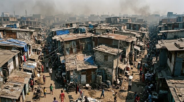 A dense urban settlement in Dharavi with tightly packed structures, narrow lanes, and visible pollution haze, gritty documentary atmosphere with harsh daylight, ultra-realistic, no logos.