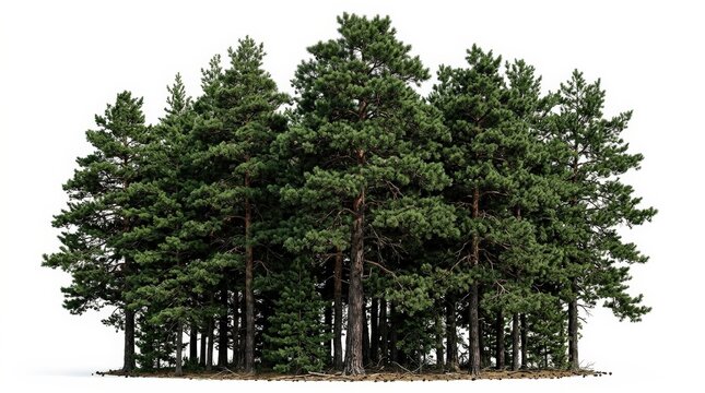 Group of tall pine trees isolated on white background, layered evergreen canopies and natural forest density, crisp botanical realism, ultra-realistic, no logos.