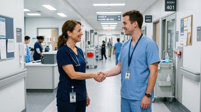 A nurse and a doctor sharing a warm handshake in a well-lit hospital corridor, scrubs and lanyards visible, bright clinical interior, professional healthcare partnership and onboarding atmosphere,