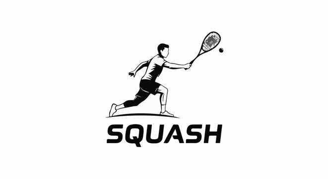Graphic silhouette of a person playing squash, with the word "SQUASH
