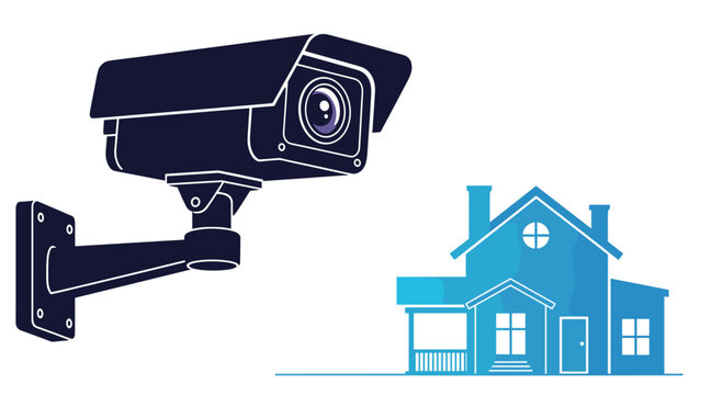 High definition security camera mounted on a wall and monitoring a blue house silhouette for home protection surveillance concepts.