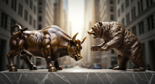 Bronze bull and bear statues in dramatic urban sunlight symbolizing stock market rivalry