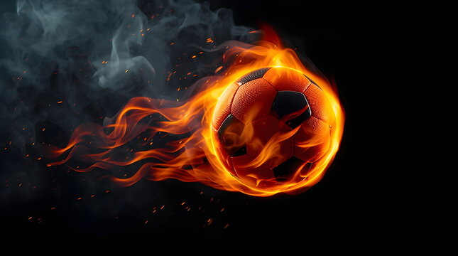 3D Render of a Dark Red Leather Soccer Ball Engulfed in Realistic Flames