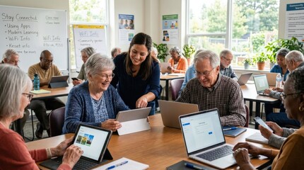 Fototapeta premium Seniors engaged in a technology education session in a bright classroom, attentive faces, modern devices and supportive interaction, clear daylight and empowering community atmosphere,