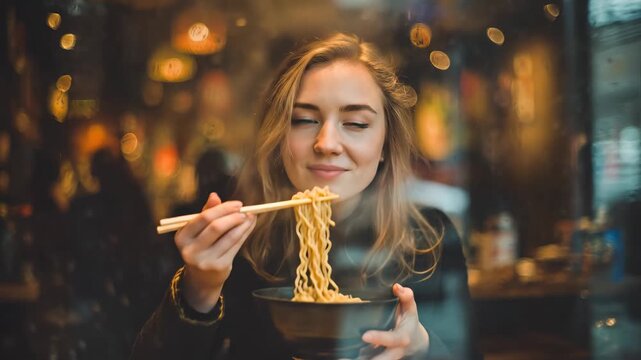Eating noodles in a busy restaurant with warm lighting and a cozy vibe