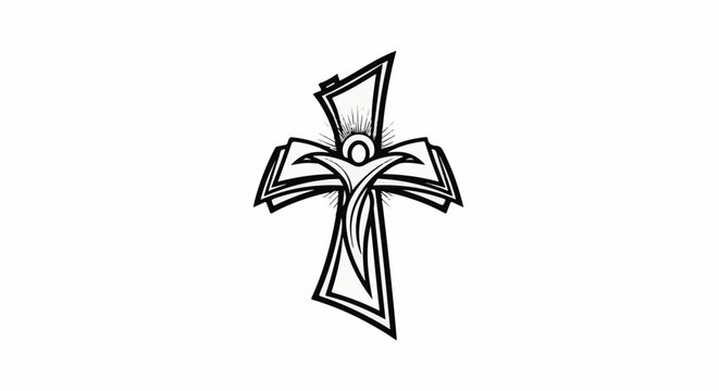 Stylized cross with a human-like figure and radiating light at top