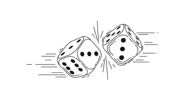 Black and white line art of two dice rolling across a surface with motion lines for games of chance, gambling, and tabletop gaming.