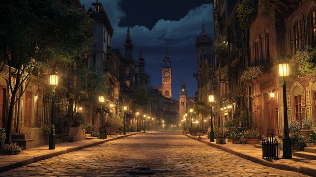 A quiet cobblestone street at night lined with historic buildings, softly illuminated by warm street lamps
