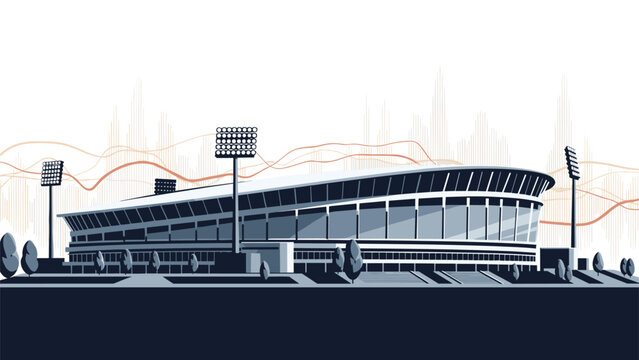 Majestic modern sports stadium building with tall floodlights and a sleek architectural design shown against a stylized waveform background.