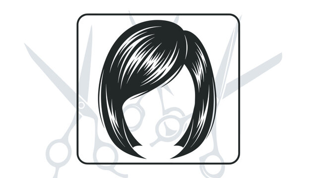 Stylish bob haircut icon for women presented in a square frame with ghosted hair salon scissors in the background for a hairdresser theme.