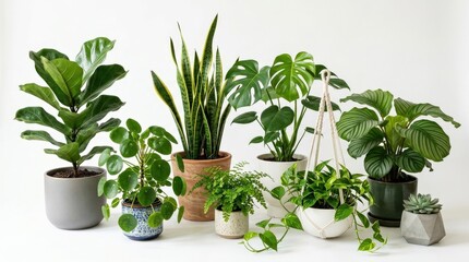 Fototapeta premium A composition of different potted plants isolated on white background, varied greenery, ceramic planters and fresh interior garden styling, ultra-realistic, no logos.