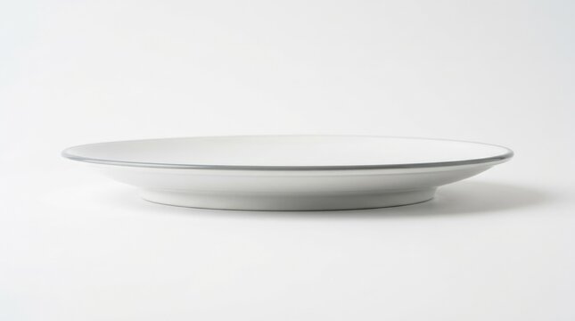 A side view of a white ceramic plate with a muted grey rim on a bright white background, refined shape and subtle shadow under clean studio light, elegant minimal atmosphere, ultra-realistic, no