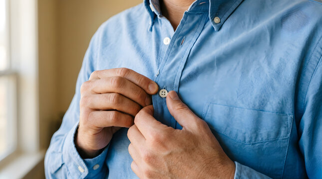 Man buttoning up his blue collared shirt, getting ready for the day.