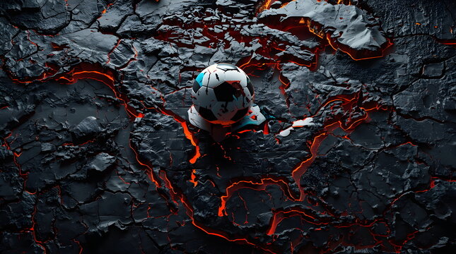 Dramatic 3D Football Concept on Dark Volcanic Terrain with Lava Fissures