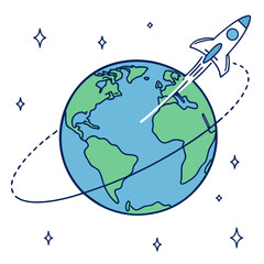 Naklejka premium Minimal rocket ship flying around planet artwork.