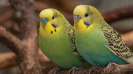 Fototapeta premium A pair of budgerigars perched together, showing their colorful feathers and playful companionship in a charming, natural setting 