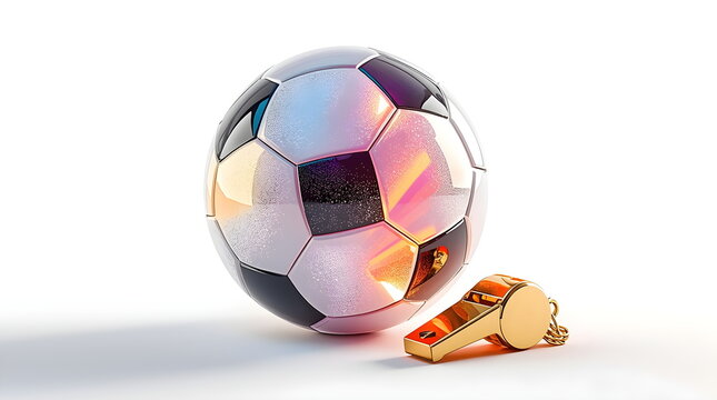 3D Render of a Soccer Ball with Golden Whistle and Blank Cards under Pink Lighting