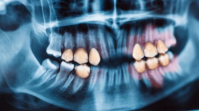 High-resolution dental X-ray showing multiple teeth with visible cavities, enamel details and jawbone structure clearly defined, highlighting the role of X-ray imaging in preventiv