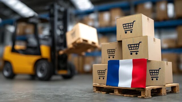 International trade composition with several cardboard shipping boxes bearing shopping cart icons stacked in a logistics center, French flag positioned nearby, warehouse forklifts