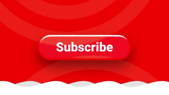 Glossy red subscribe button centered on a vibrant red background with subtle circular patterns and a white wavy bottom border Motion Graphics