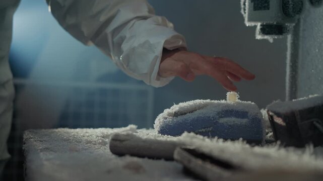 Frosted sample under gloved hand reaching across icy tray, dim laboratory light, sterile suit sleeve, frosty particles drifting, tense clinical atmosphere suggesting abandoned facility and high risk