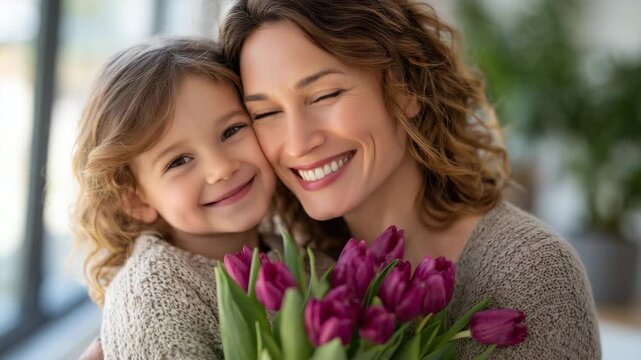 Joyful Mother&rsquo;s Day surprise as a daughter proudly presents a bouquet of bright pink tulips while her mother kisses her forehead, airy home environment with large windows and house