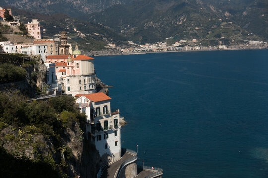 scenic high-angle view of the vertical coastal town of Atrani on the Amalfi Coast, Italy