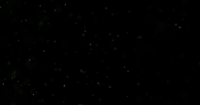 Super slow motion (1000 fps) floating dust particles in the air, isolated on black background. Cinematic atmospheric shot with soft light, depth and abstract texture.