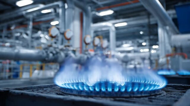 Macro perspective of a powerful gas burner producing sharp blue flames inside an industrial heating unit, complex network of steel pipes and pressure gauges surrounding the chamber