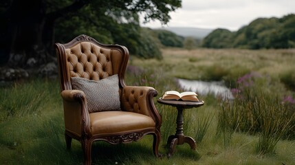 Fototapeta premium An elegant reading nook featuring a plush armchair and open book set amidst a tranquil lush natural meadow landscape