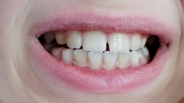 Close-up childs mouth showing clean white molars teeth with gap and healthy gums. Caucasian kid face with closely spaced teeth. Ten year age Diphyodont. Malocclusion, tooth on tooth. Plaque on enamel.