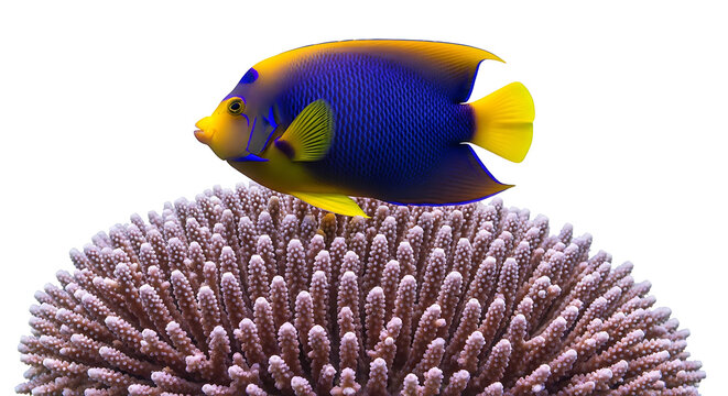 Blue and yellow fish swimming above purple coral reef