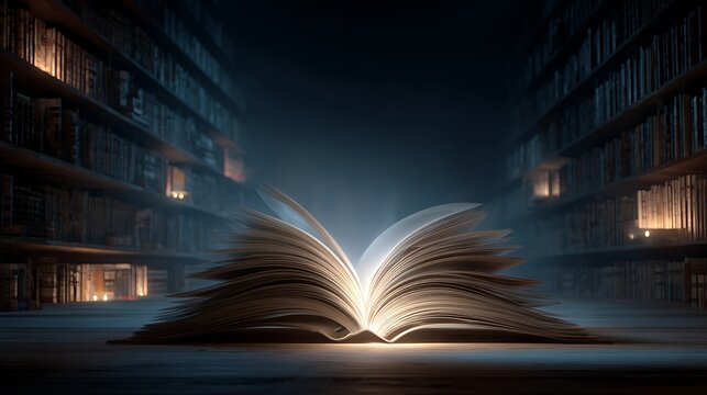 Old Book Emitting Light in a Dark Hallway / 暗い廊下で光を放つ古い本