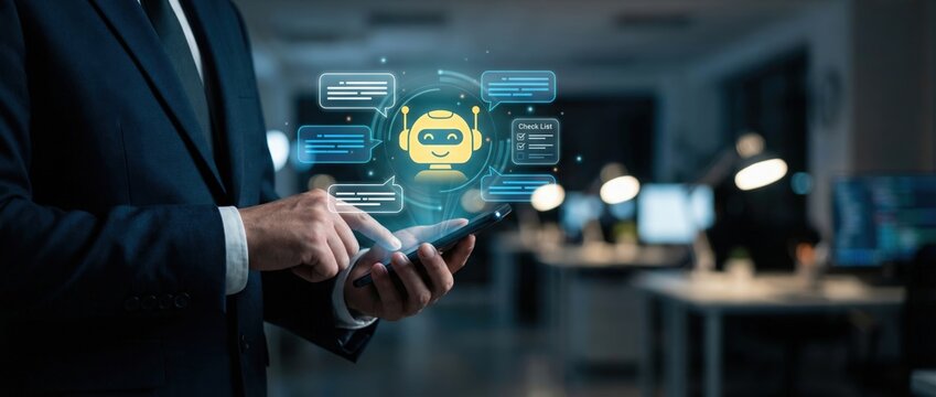 Exploring ai chatbot technology advancements in business offices digital communication futuristic concepts nighttime environment professional viewpoint