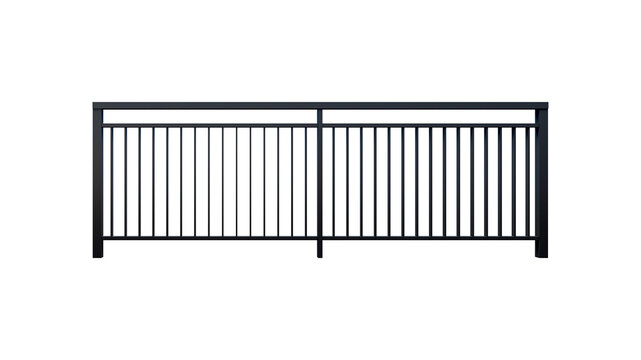 Modern dark grey metal railing with vertical bars for outdoor balcony or deck safety and architectural design.