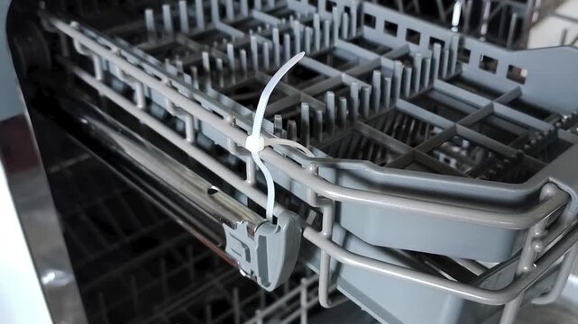 Sliding out dishwasher rack. Smooth mechanism and ergonomic design for easy loading and unloading dishes.
