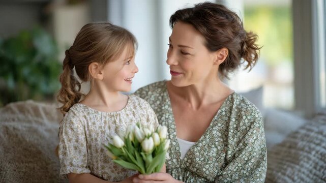 Mid-shot of a little girl offering a small bouquet of tulips to her mother, mom kneeling or sitting on a cozy sofa to receive them, warm daylight entering through windows, living r