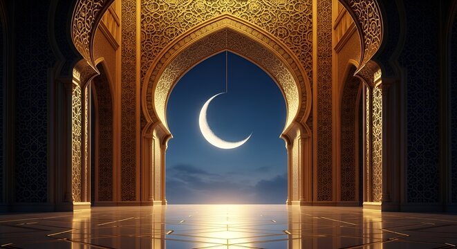 Islamic Archway with Crescent Moon and Stars, Ramadan Celebration