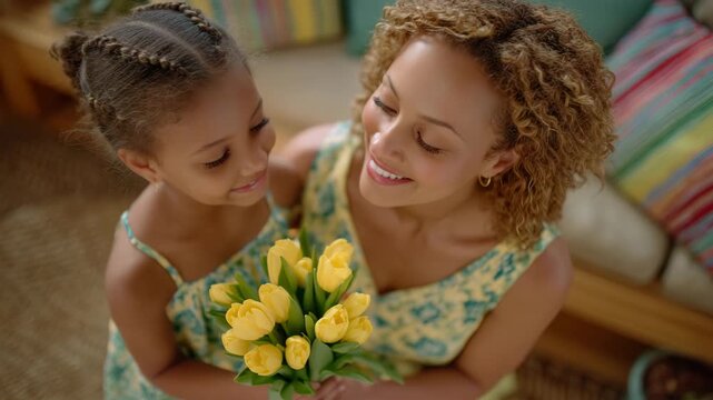 Perspective from slightly above showing the little girl holding out tulips to her mother, mom reaching to accept the bouquet with a delighted expression, soft natural lighting illu