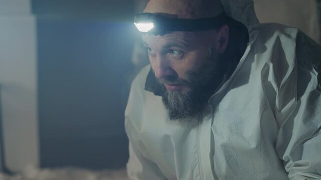 White male scientist in hazmat suit examines abandoned house laboratory under headlamp beard visible, frozen dust on surfaces, careful contamination protocols, methodical sample analysis, cold blue