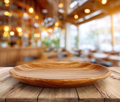 Empty wooden plate on rustic table, blurred warm-lit restaurant interior background