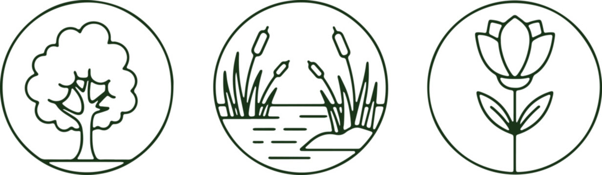 Three symbolic illustrations of nature's fundamental elements in circular frames