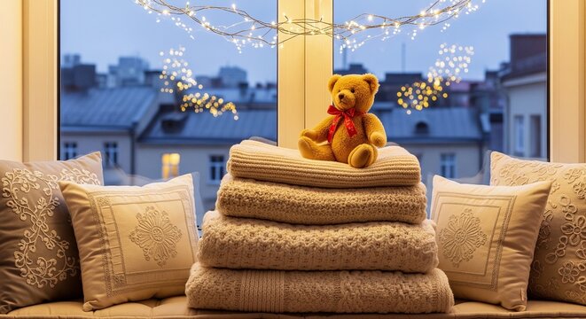 A cozy indoor scene featuring a yellow teddy bear with a red bow sitting on top of a stack of folded knitted blankets. The background shows a window with fairy lights looking out over a city at dusk.