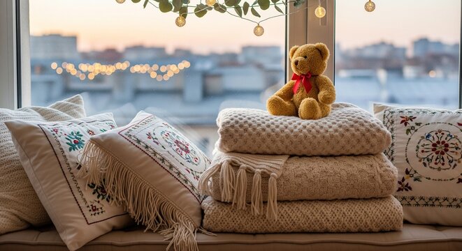 A small teddy bear sitting on a stack of folded knitted blankets on a windowsill overlooking a city at sunset.