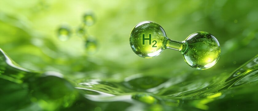 Green hydrogen H2 molecule inside a water drop on a lush leaf. Clean renewable energy and ecological sustainability concept

