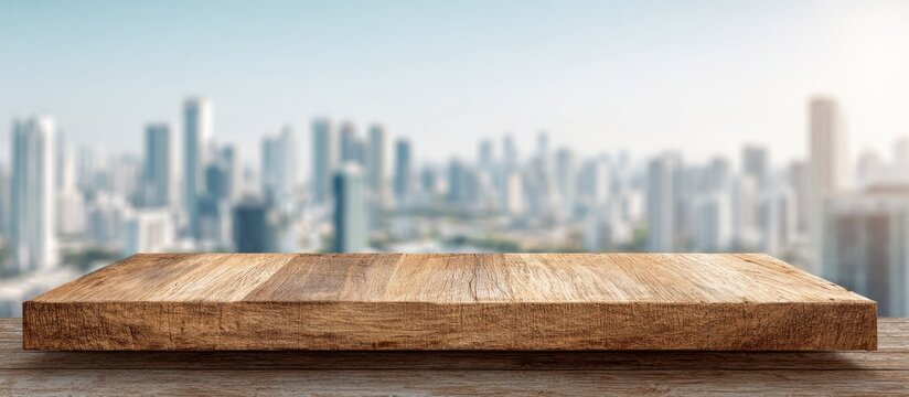 Empty wooden table surface overlooking a blurred modern city skyline on a sunny day