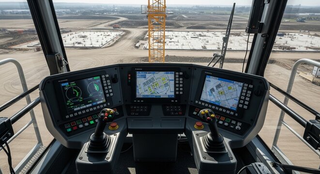 Interior of modern heavy machinery cabin with digital screens and joysticks.