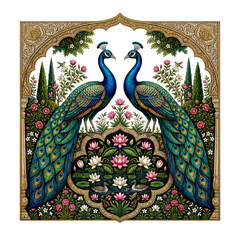 Obraz premium An ornate symmetrical artwork depicts two vibrant peacocks standing proudly within a detailed arched floral and garden scene high quality professional