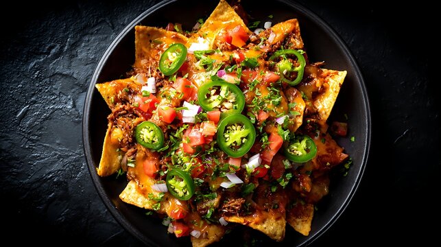 Top View of Colorful Loaded Nachos / 俯瞰で見るカラフルな山盛りナチョス
