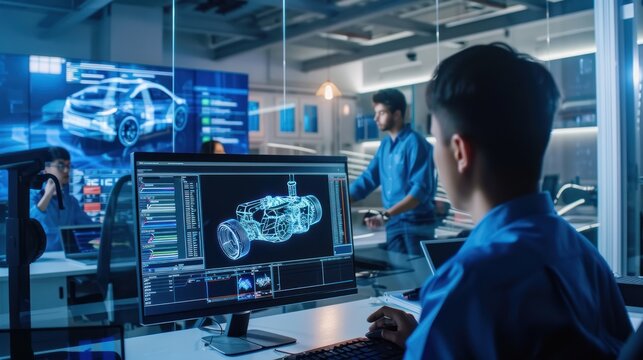 Technology Engineer Working on Car Design in Modern Laboratory with Digital Screens